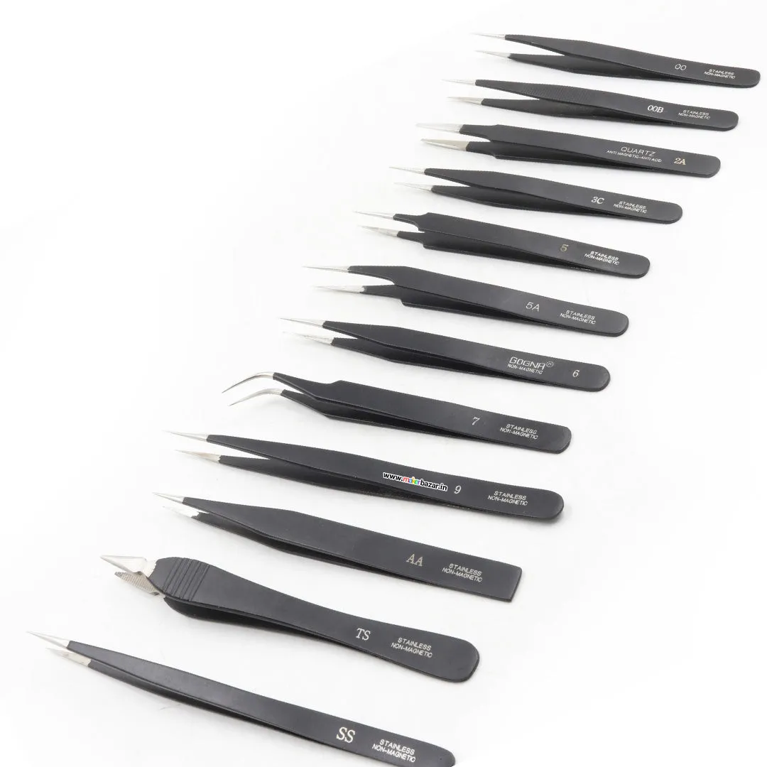 12pc Black Steel Tweezer Set (00,00B,2A,3C,5,5A,6,7,9,AA,SS,TS)