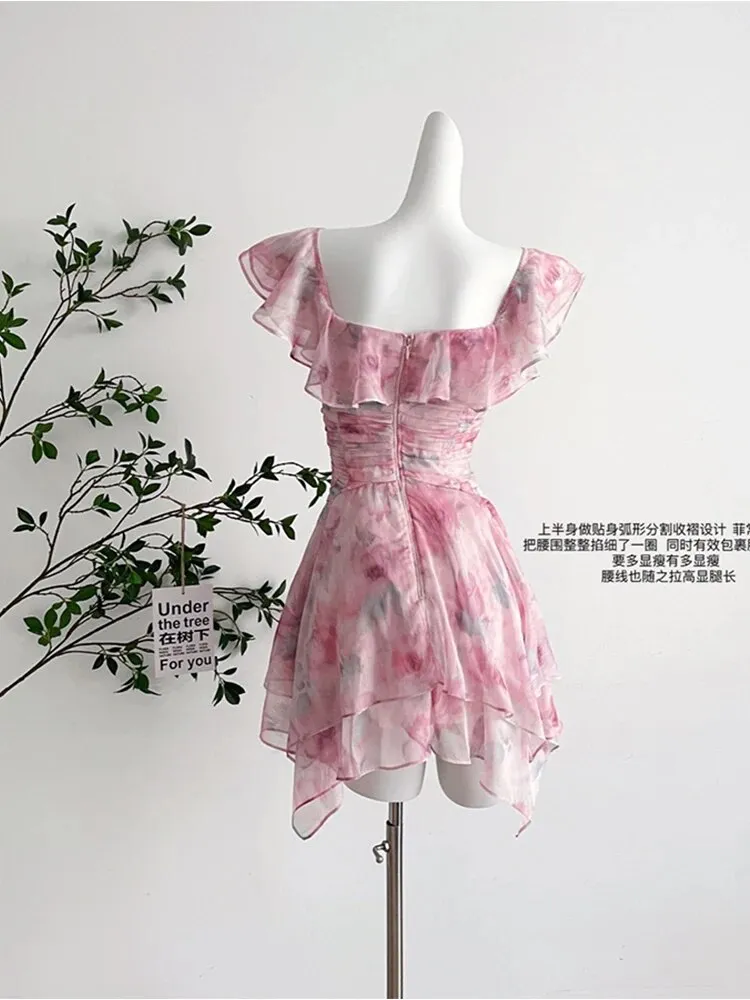 Advbridge Summer Vintage Chiffon Mini Dress Sleeveless Square Collar Tunic Party Frocks Ruffle Design Evening Prom One-Piece Clothing New