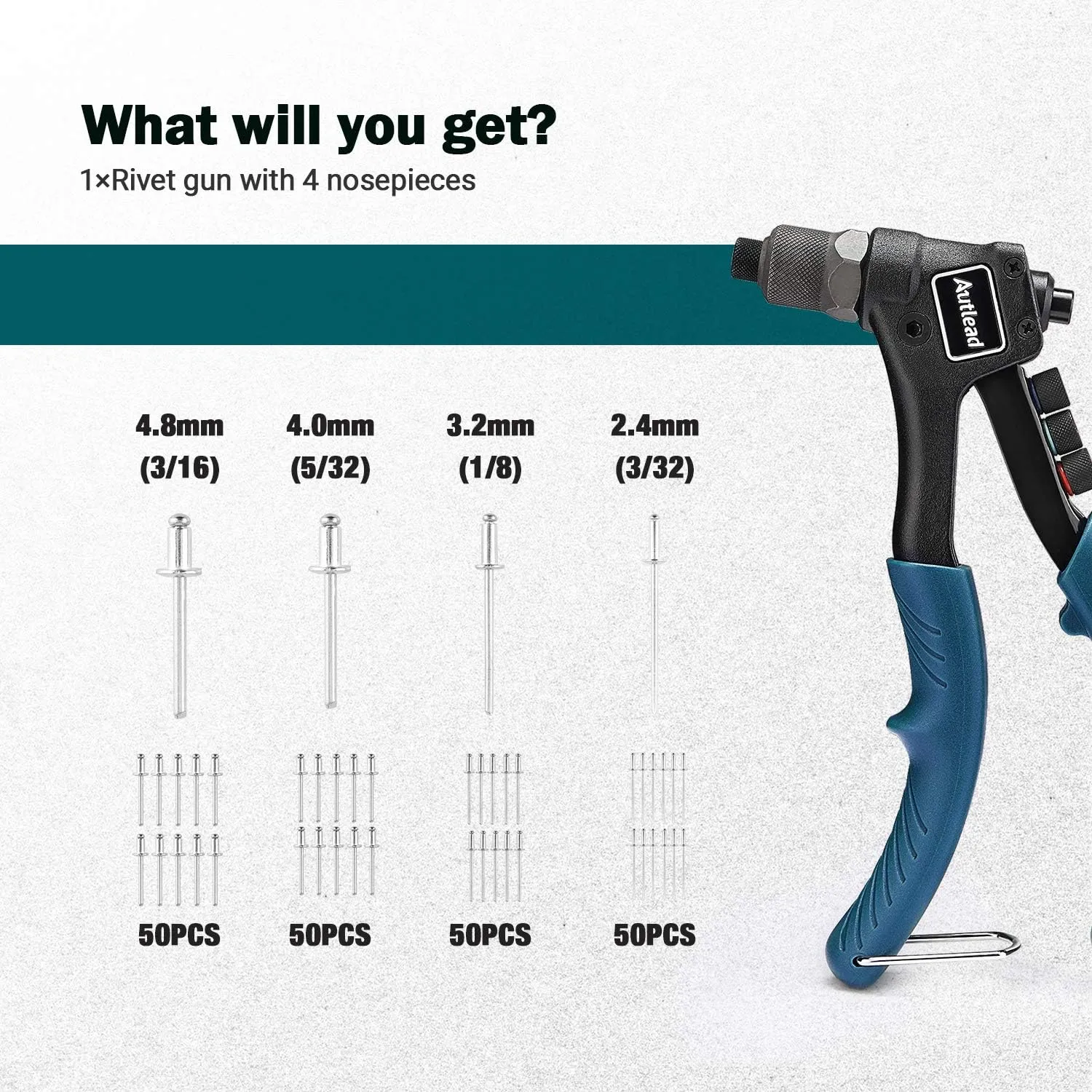 Autlead One-Hand Rivet Gun Kit with 4 Interchangeable Heads & 40-Piece Rivets