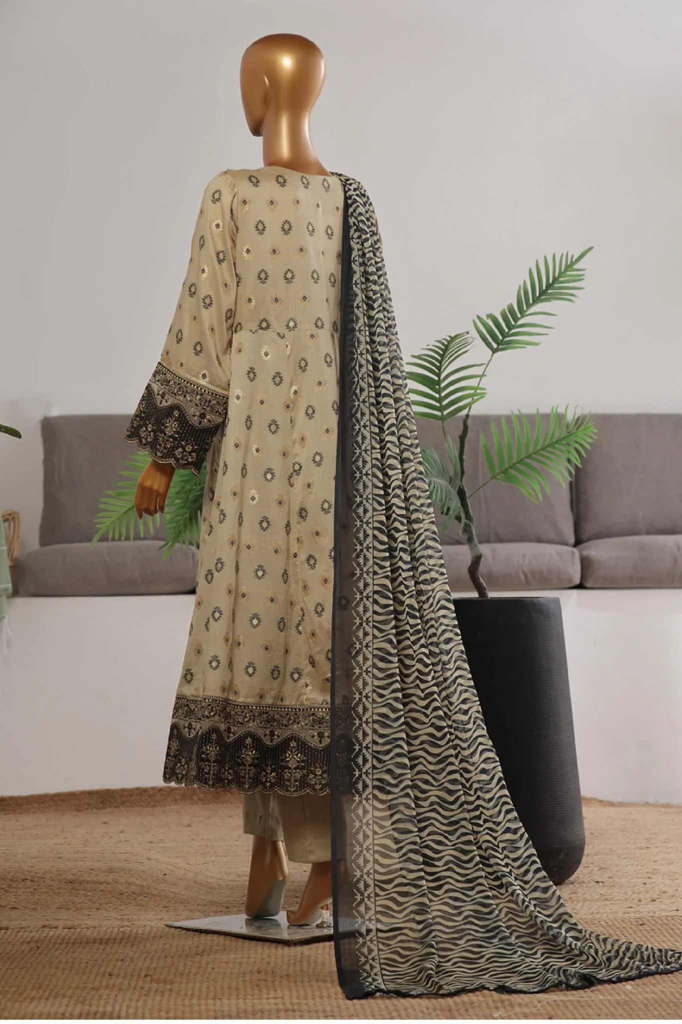 Bin Saeed Stitched 3 Piece Festive Emb Jacquard Frocks Collection'2024-BNS-1028-Beige