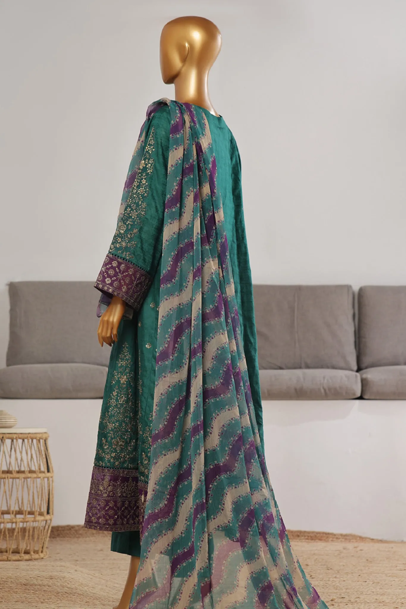 Bin Saeed Stitched 3 Piece Festive Emb Jacquard Frocks Collection'2024-BNS-1031-Teal