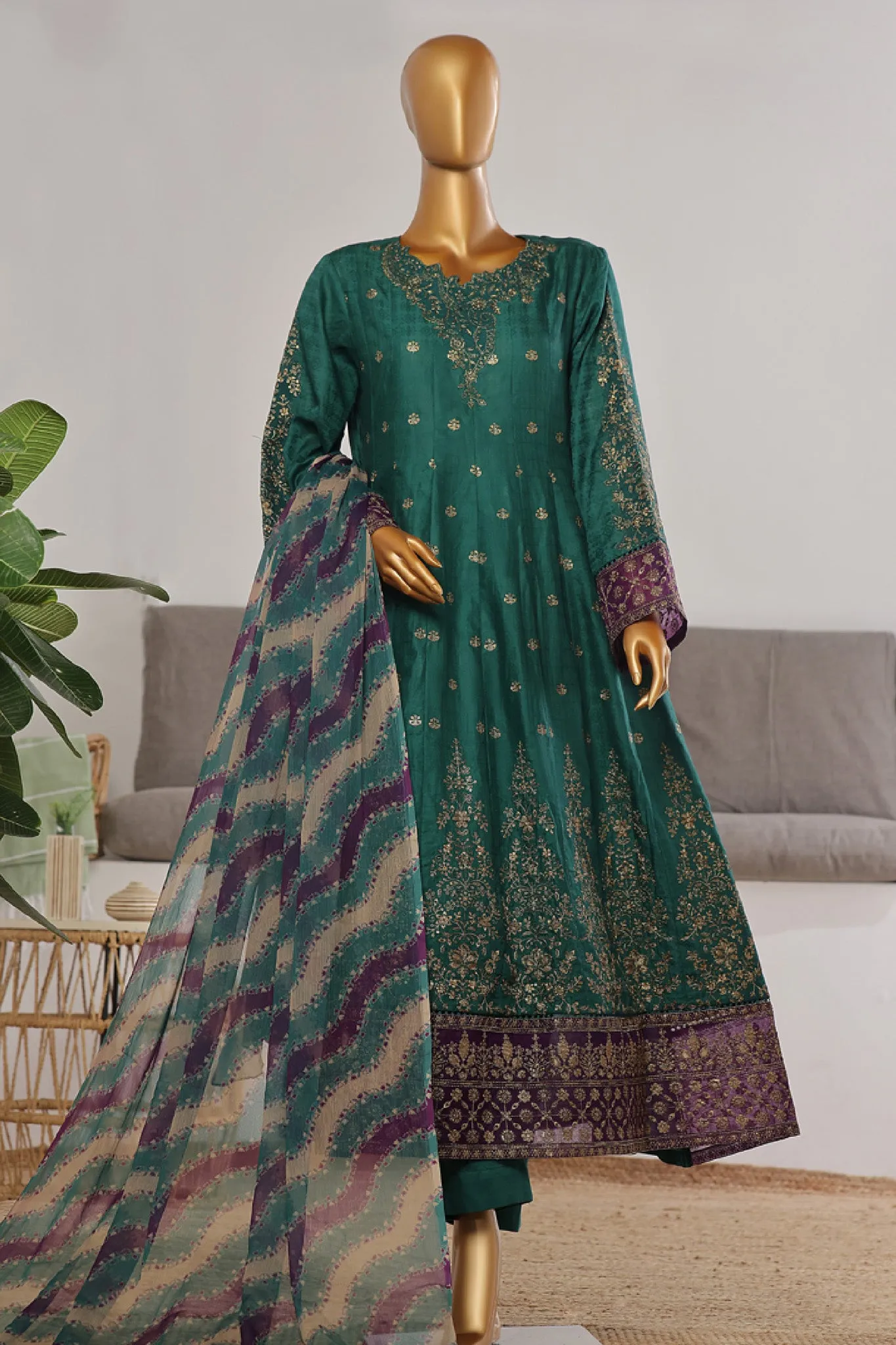 Bin Saeed Stitched 3 Piece Festive Emb Jacquard Frocks Collection'2024-BNS-1031-Teal