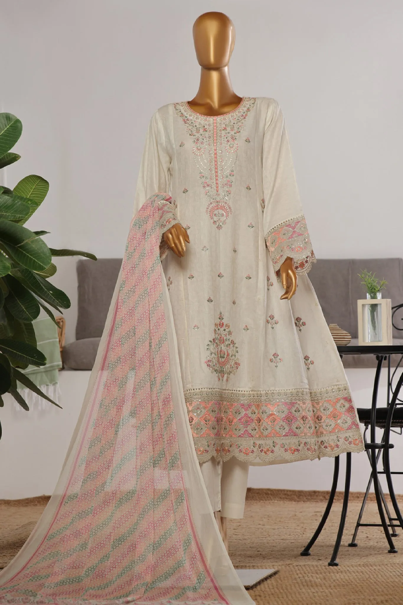 Bin Saeed Stitched 3 Piece Festive Emb Jacquard Frocks Collection'2024-BNS-1033-White