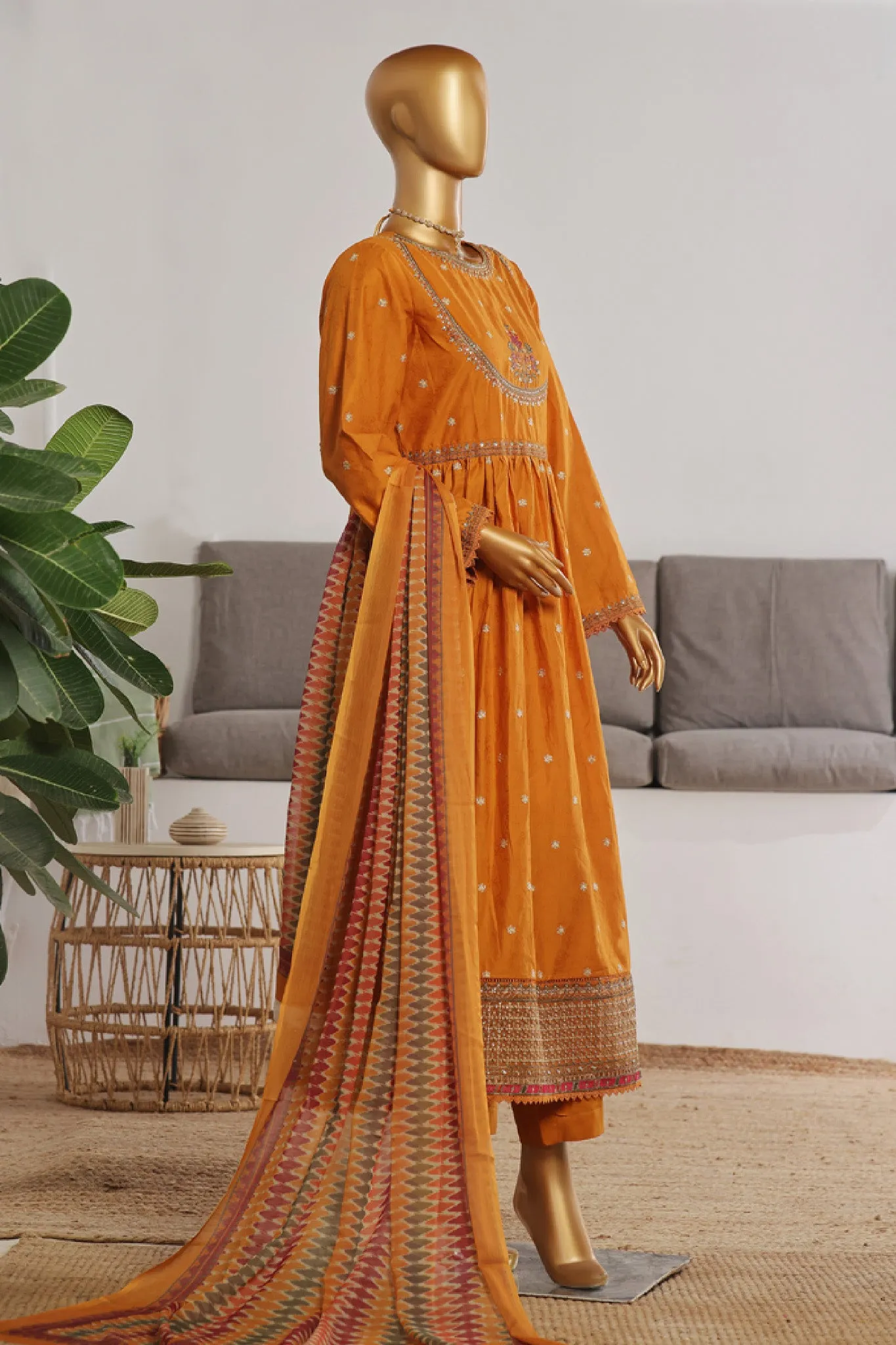 Bin Saeed Stitched 3 Piece Festive Emb Jacquard Frocks Collection'2024-BNS-1034-Mustard