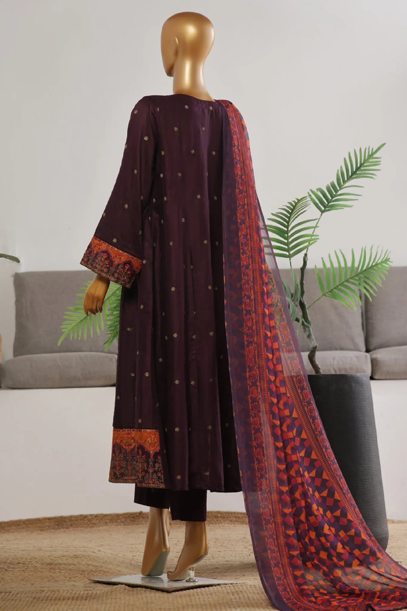 Bin Saeed Stitched 3 Piece Festive Emb Jacquard Frocks Collection'2024-BNS-1035-Dark Purple