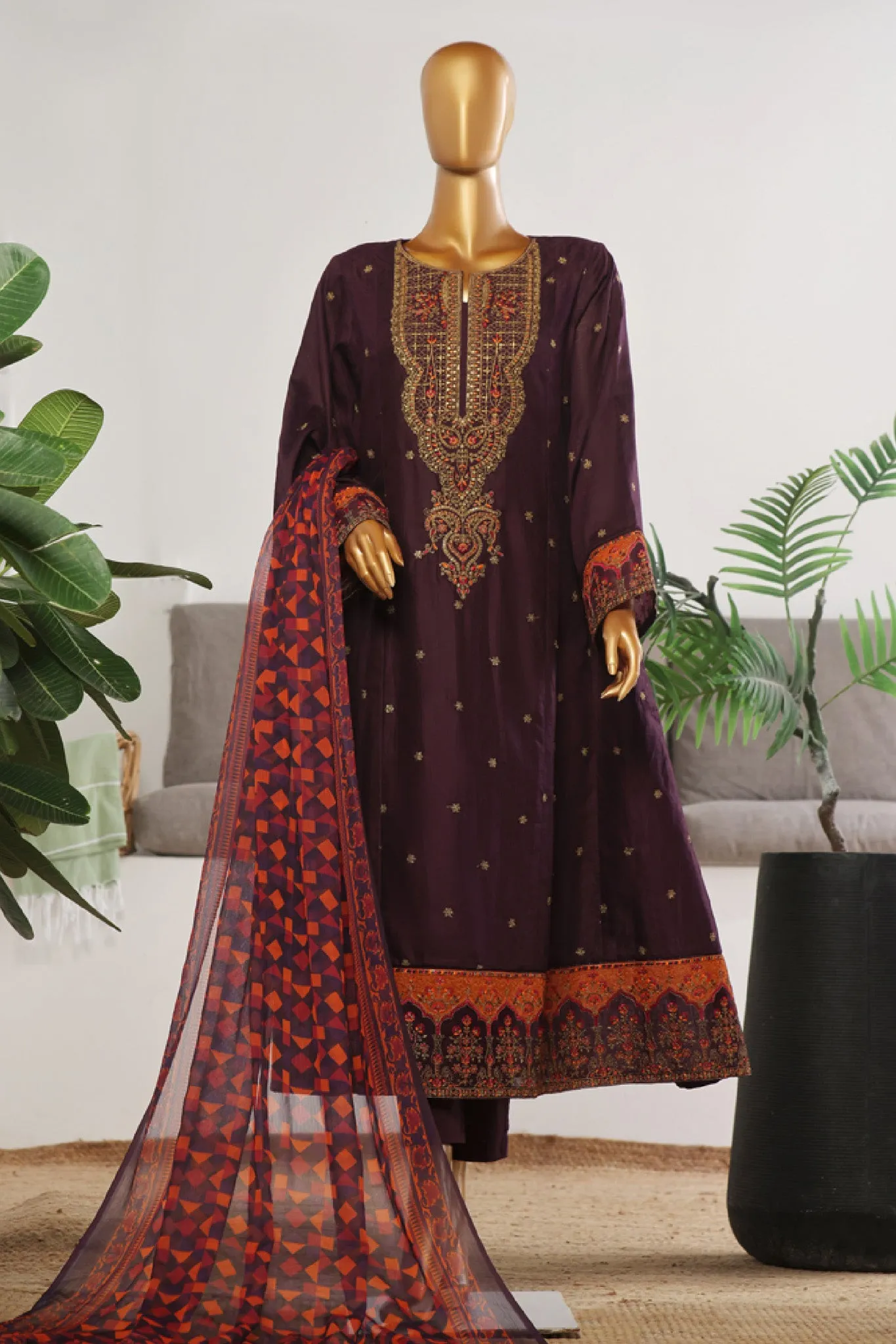 Bin Saeed Stitched 3 Piece Festive Emb Jacquard Frocks Collection'2024-BNS-1035-Dark Purple