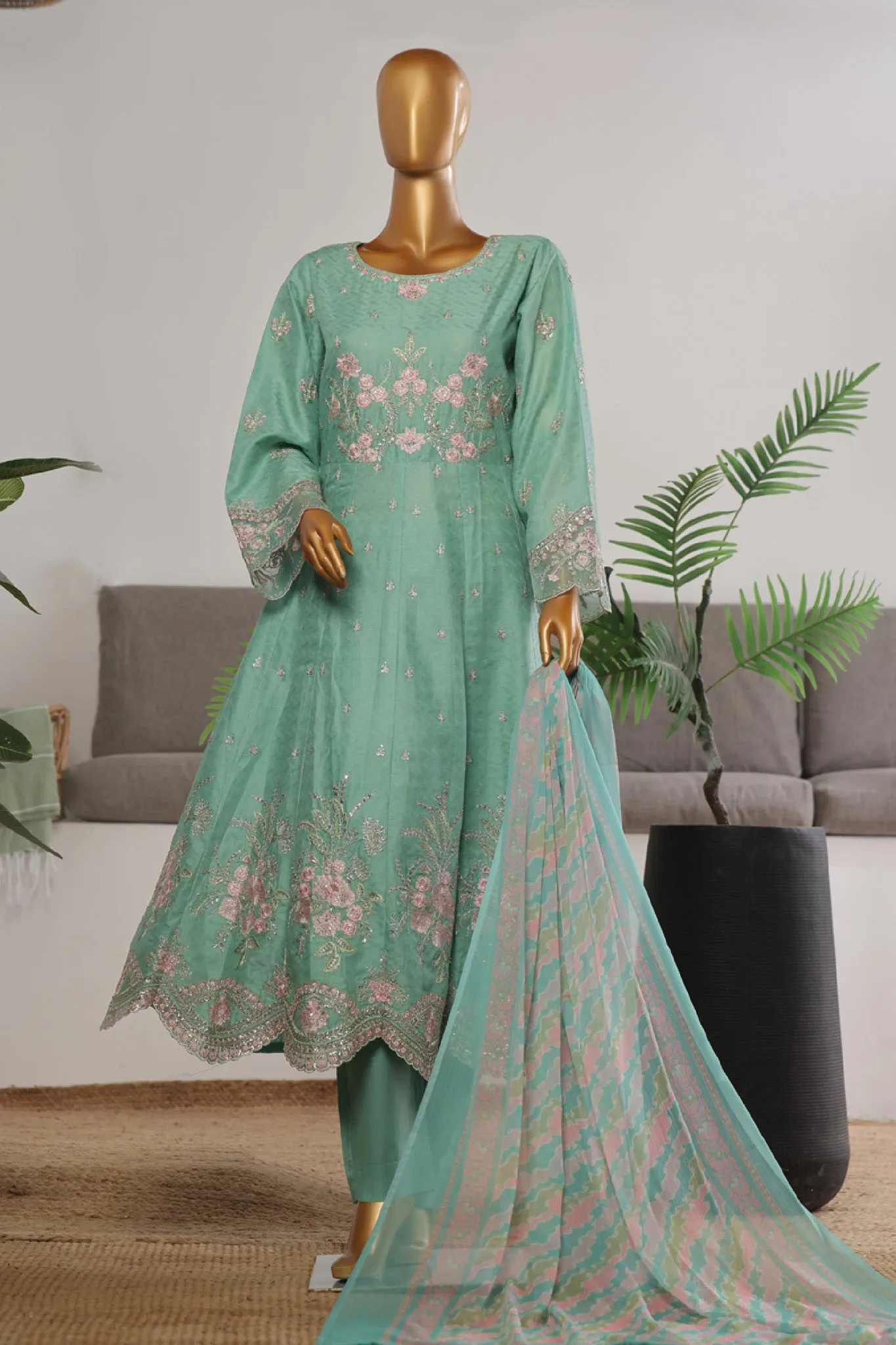 Bin Saeed Stitched 3 Piece Festive Emb Jacquard Frocks Collection'2024-BNS-1036-Ferozi