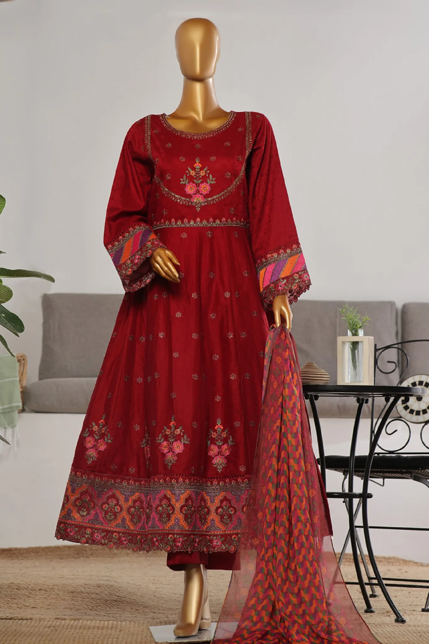 Bin Saeed Stitched 3 Piece Festive Emb Jacquard Frocks Collection'2024-BNS-1037-Maroon