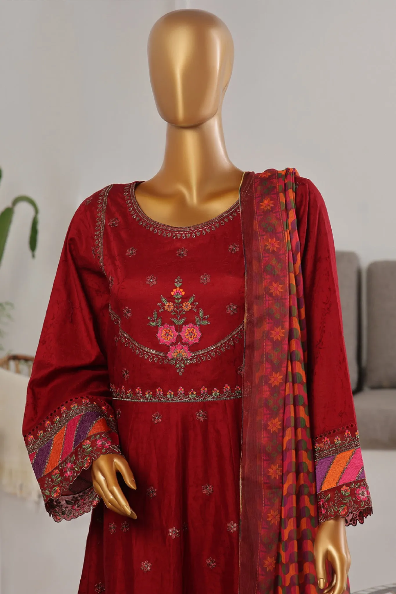 Bin Saeed Stitched 3 Piece Festive Emb Jacquard Frocks Collection'2024-BNS-1037-Maroon