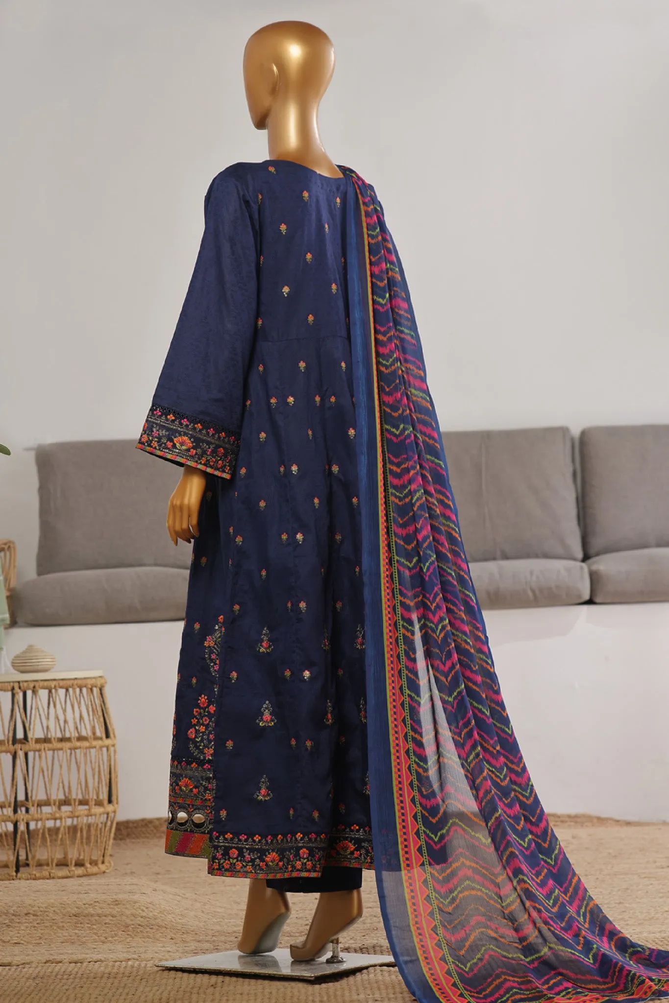 Bin Saeed Stitched 3 Piece Festive Emb Jacquard Frocks Collection'2024-BNS-1038-Navy Blue