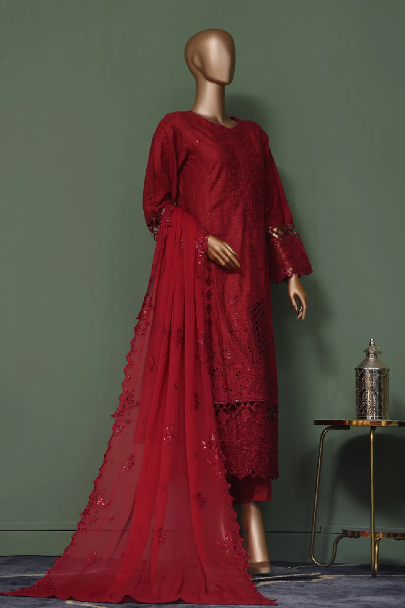 Bin Saeed Stitched 3 Piece Luxury Self Emb Cotton Frocks Collection'2024-SMK-1006-Red