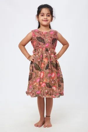 Enchanted Brown Blossom Tulle Dress - Ethereal Floral Kids Cotton Frock