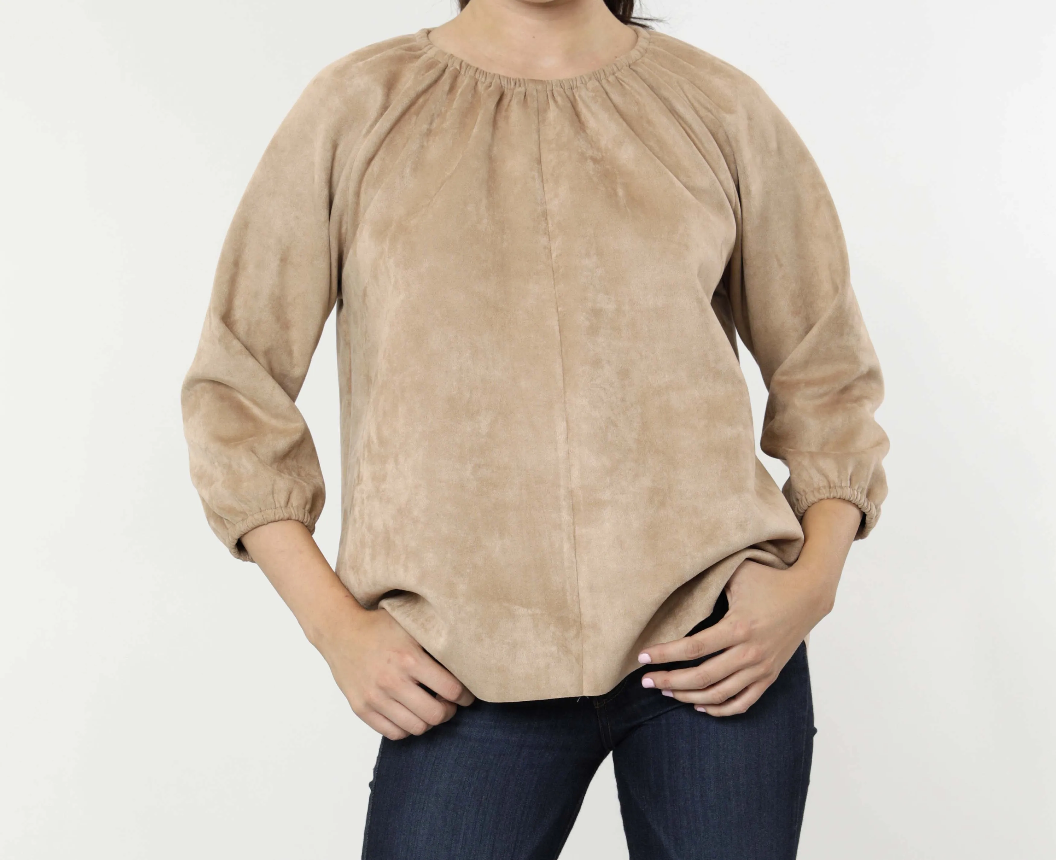 Faux Suede Top with Puff Sleeves