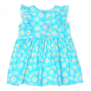 Girls Frock Digital Print - Aqua Blue