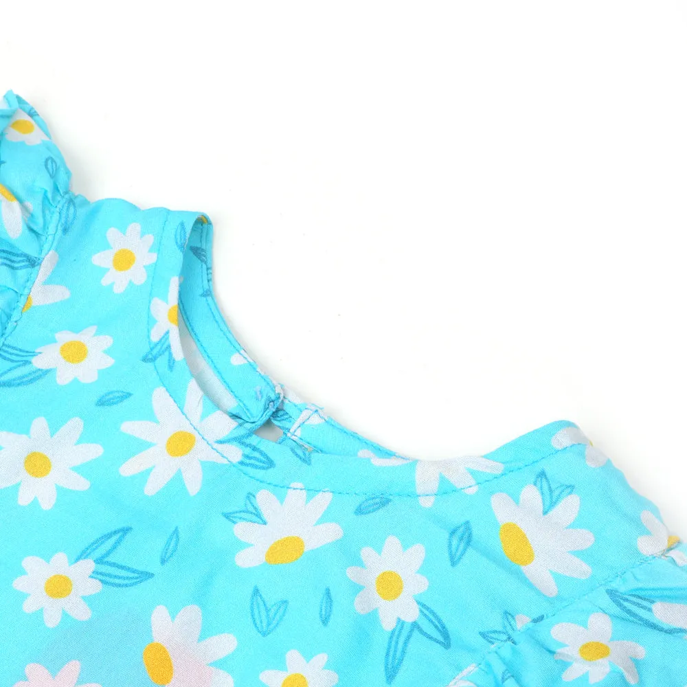 Girls Frock Digital Print - Aqua Blue