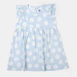 Girls Knitted Frock Flowers -Light Blue