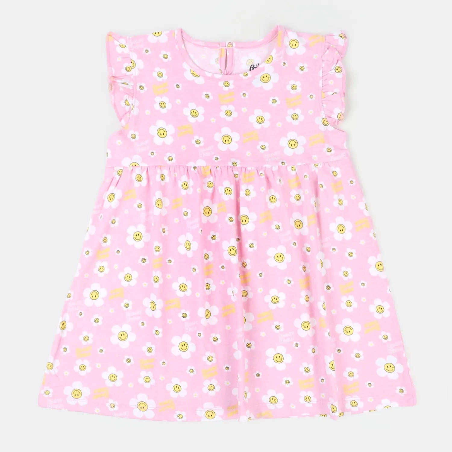 Girls Knitted Frock Smiley Flowers - Light Pink