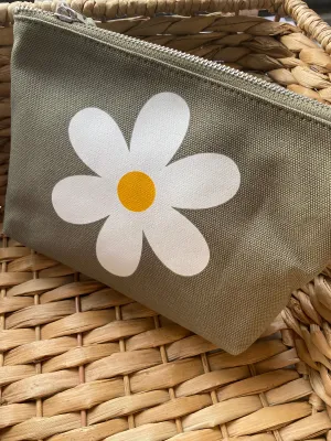 Makeup Bag Olive with White/Yellow Daisy