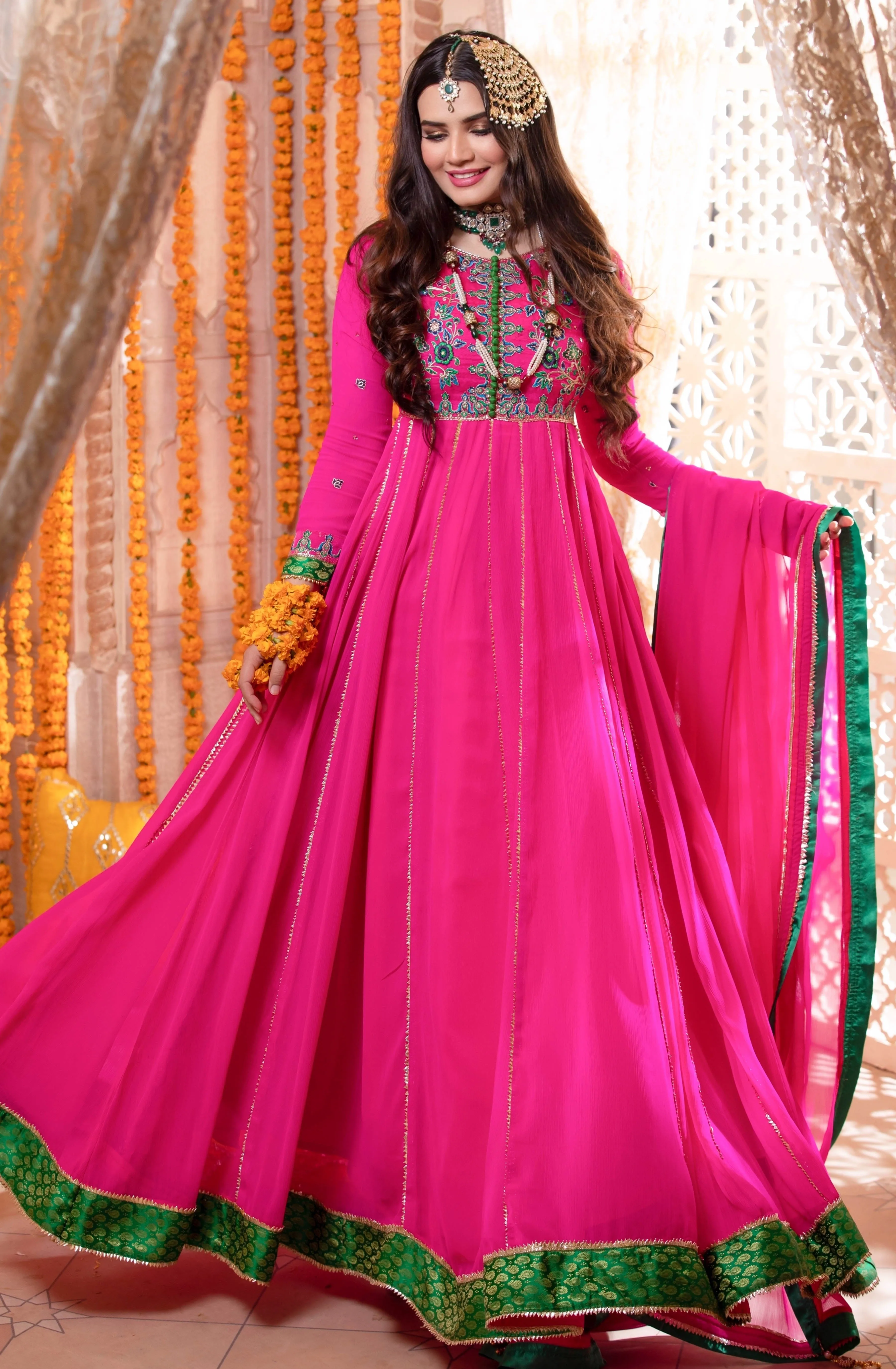 Shocking Pink Embellished Chiffon Frock (Maha-Rani)