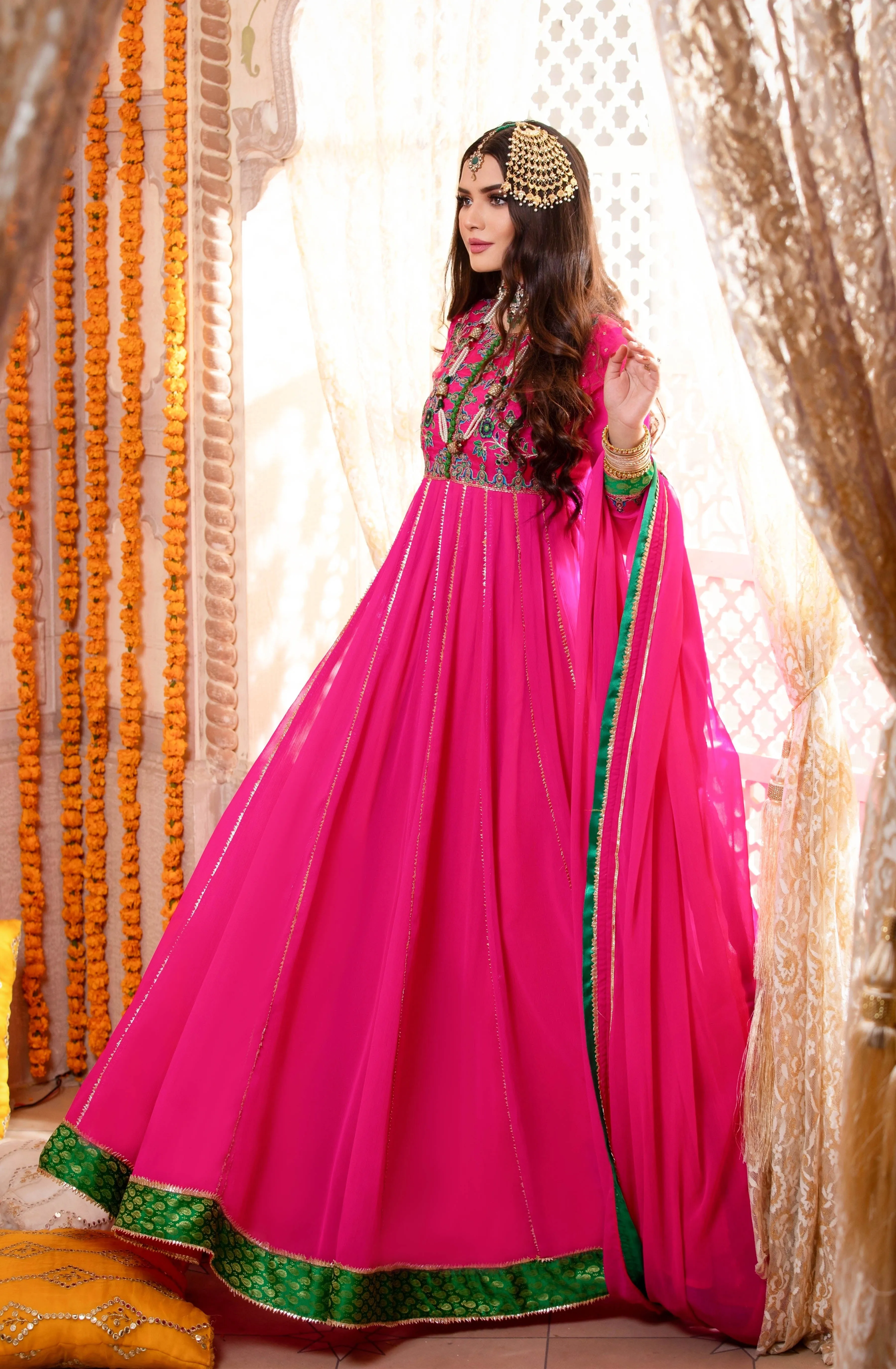 Shocking Pink Embellished Chiffon Frock (Maha-Rani)