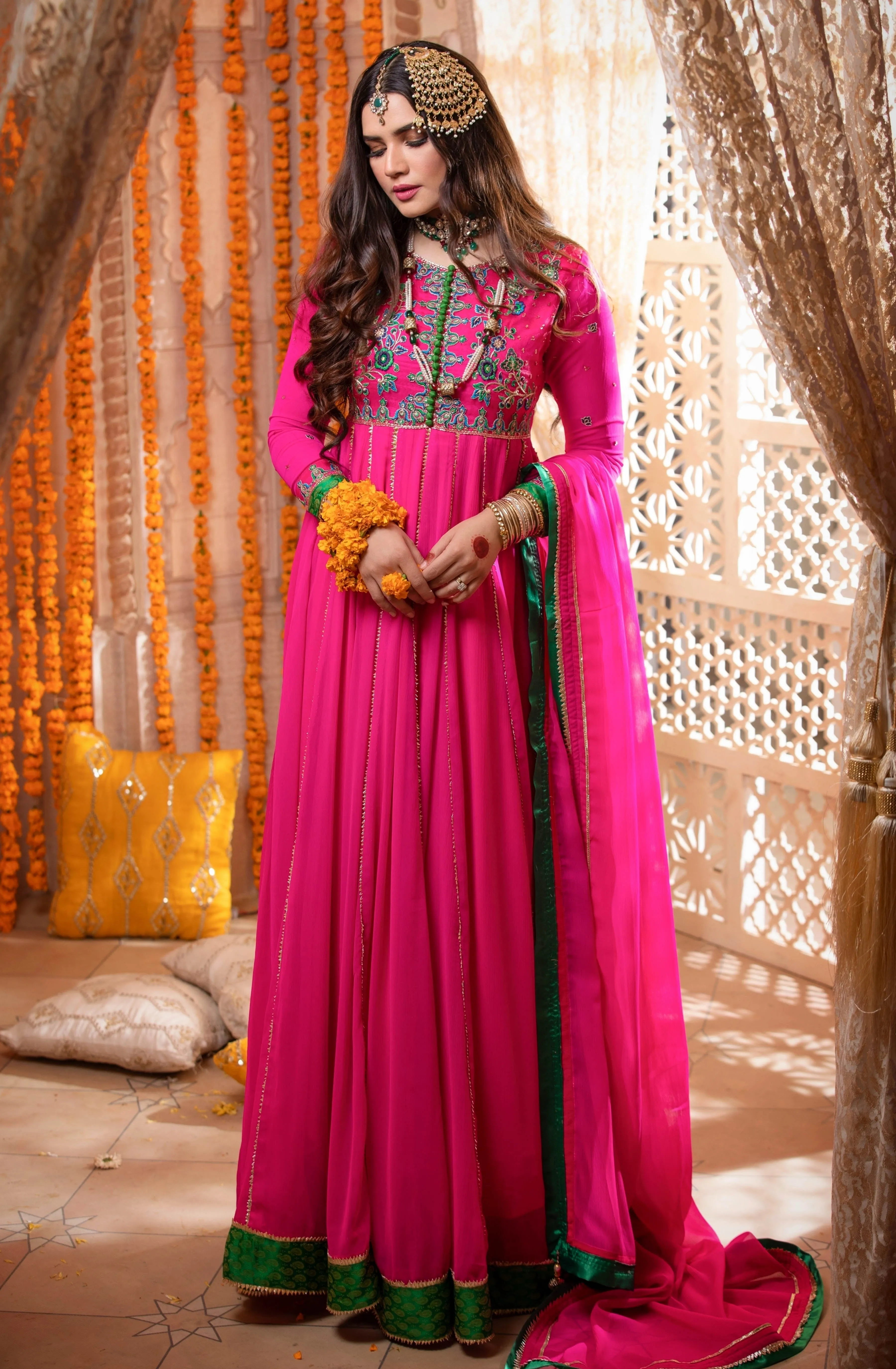 Shocking Pink Embellished Chiffon Frock (Maha-Rani)