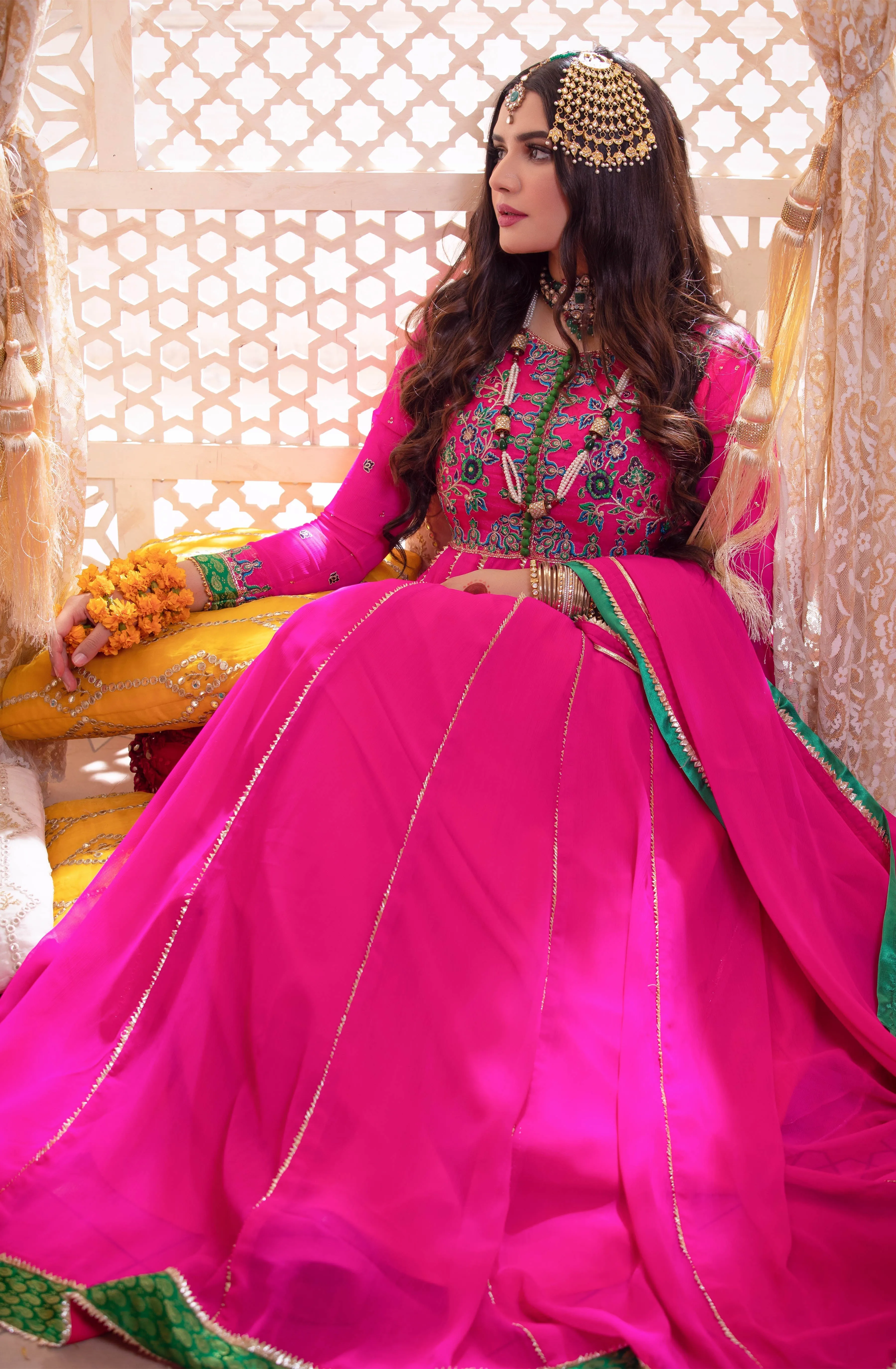 Shocking Pink Embellished Chiffon Frock (Maha-Rani)