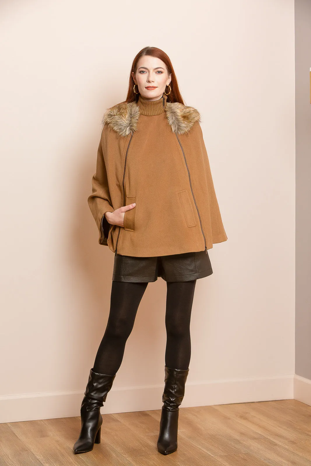 Wool Cape with Front Zipper Detail